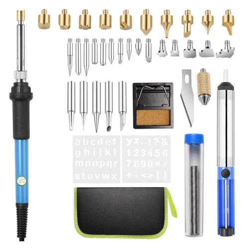 WLLKIY Lötkolben-Set, Holzbrennset, Schnitz-Brandmalerei-Stift-Set, 60 W, Einstellbare Temperatur, Schweißen, Holzprägung, Brennset Sicher Und Stabil(Blue)