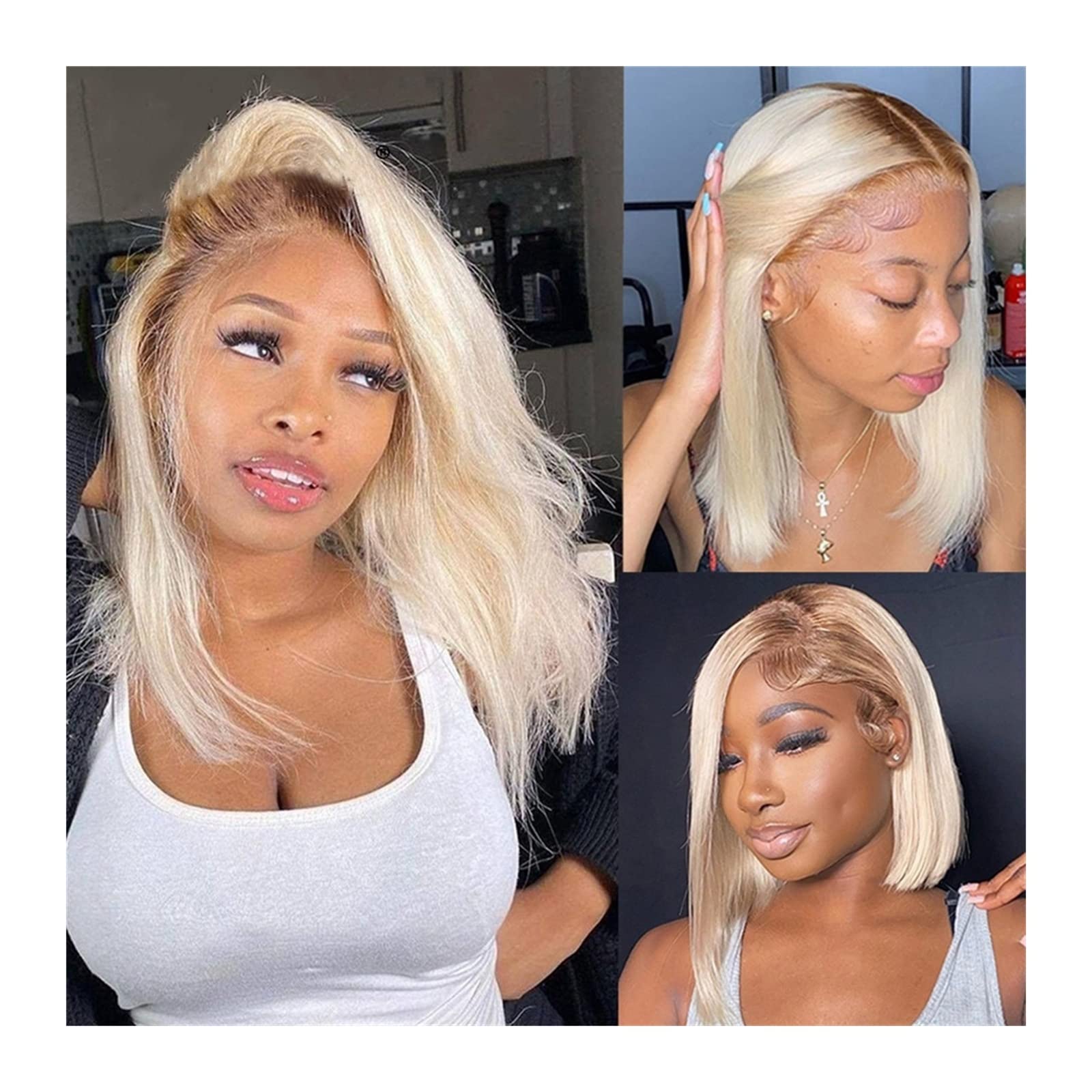 Perücken 13x4 Ombre Blonde Kurze Bob Perücken for Frauen Remy Echthaar 150% Dichte Blonde Lace Front Perücke Peruanisches Haar Pixie Cut Transparente Lace Frontal Perücke Damenperücke (Size : 150 Den