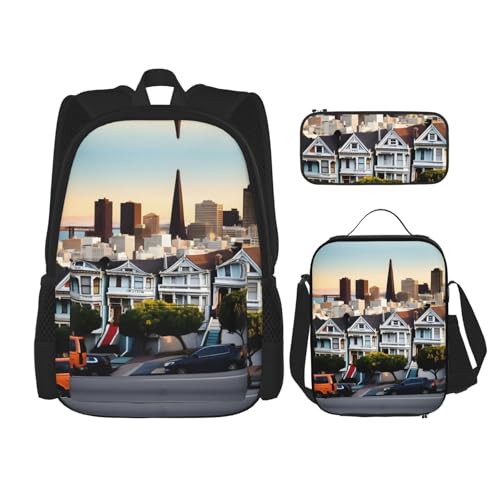 WURTON San Francisco Bedruckte Lunchbox Federmäppchen Rucksack Set 3-teilig Verstellbare Träger Langlebig Leicht, Schwarz, One Size