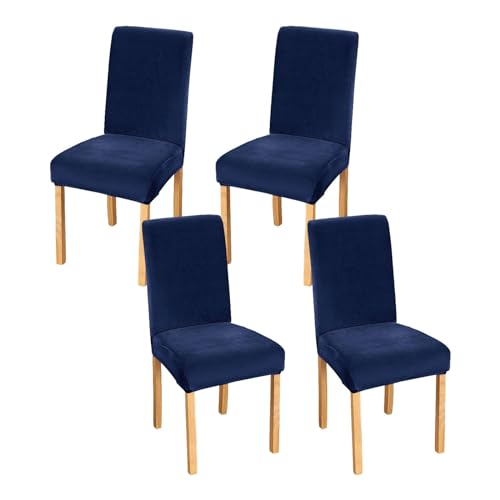 JHLD Stretch Stuhlhussen 4er Set, Stuhlbezug Samt Weiche Stuhlhussen Für Esszimmerstühle Abnehmbare Waschbar Für Hotel Bankett-Navy blau-4 Stück