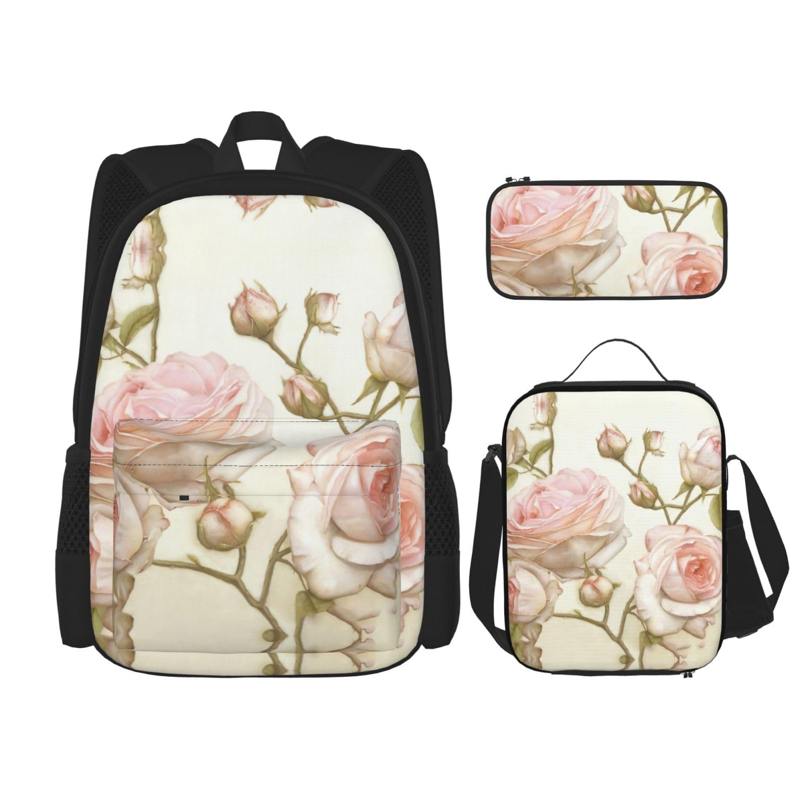 WURTON Beauty Pink Roses Print Rucksack Mädchen Jungen Schultaschen Teenager Lunchbox und Federmäppchen 3-in-1 Büchertaschen-Set