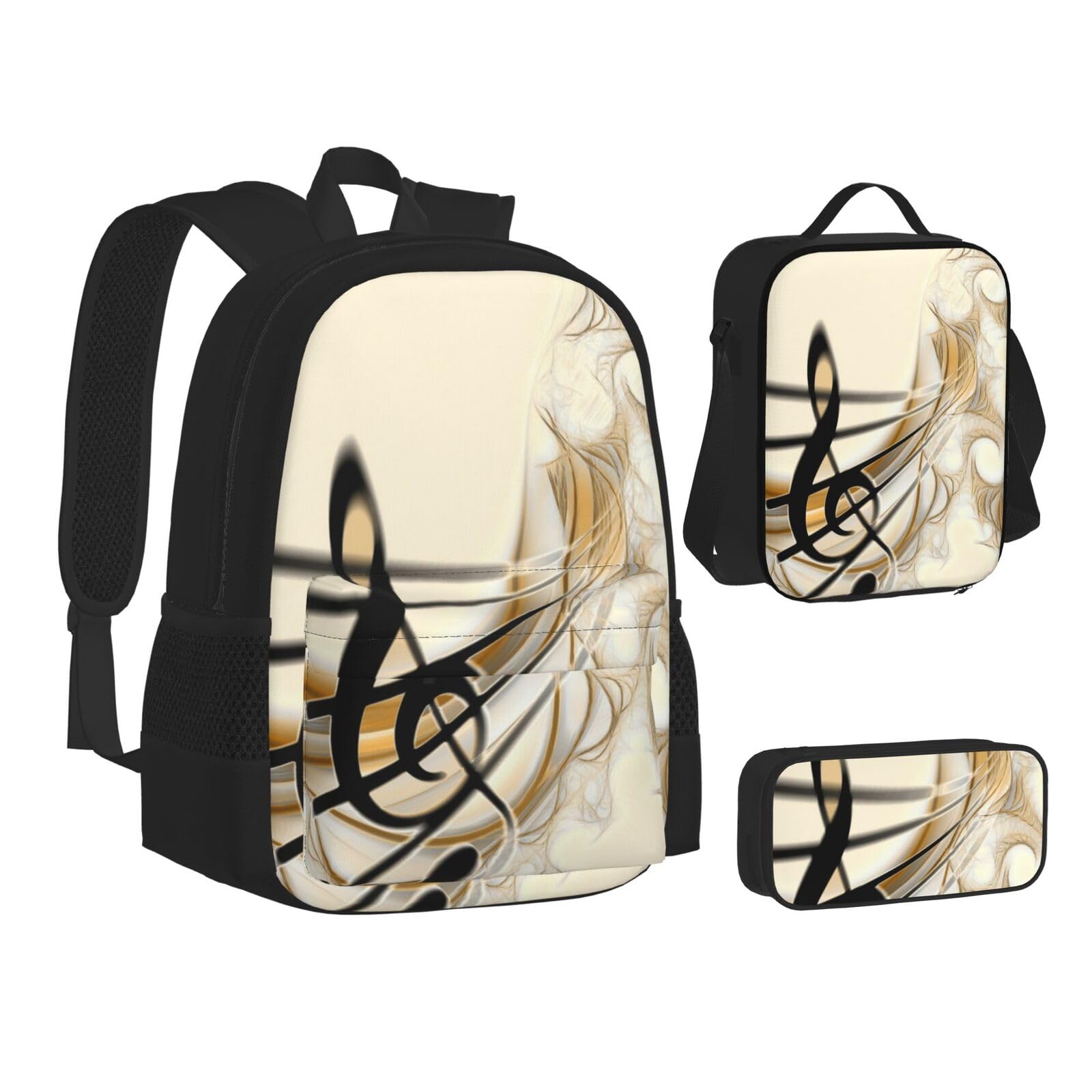 WURTON Rucksack mit Musiknoten-Druck, 3-in-1 (Federmäppchen + Schultasche + Lunchtasche)