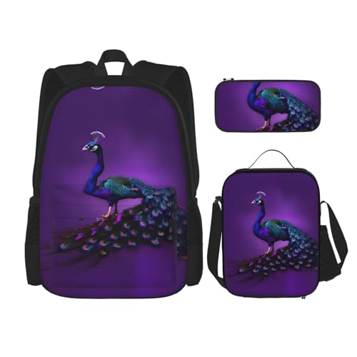 YQxwJL 3-in-1-Rucksack-Büchertaschen-Set, violetter Pfauenmuster, lässiger Reiserucksack, mit Federmäppchen, Lunchtasche, Violettes Pfauenmuster, Einheitsgröße