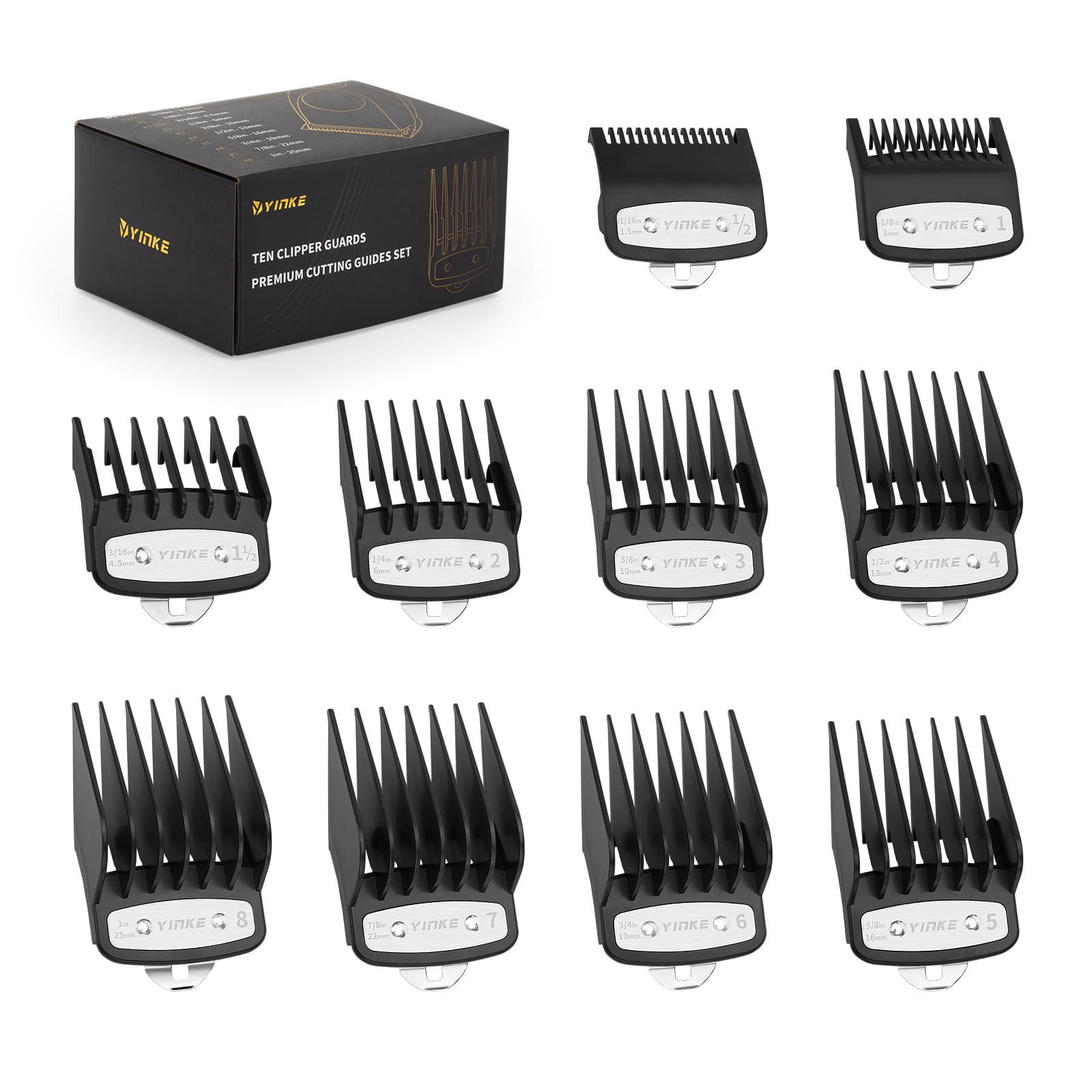 Yinke Clipper Guards Premium-Schneidführungen für Wahl Schermaschine mit Metallclip von 1,5 mm bis 25 mm, passend für die meisten Haarschneidemaschinen in voller Größe (10 Stück, schwarz)