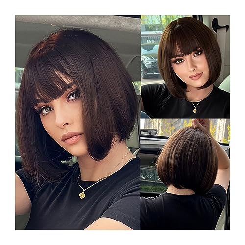 Perücken für Frauen Braune schwarze kurze gerade synthetische Perücken mit Pony, Damen-Bob-Haar-Perücken for tägliches Cosplay, natürliche hitzebeständige Faser für die Tägliche Party Cosplay Tragen