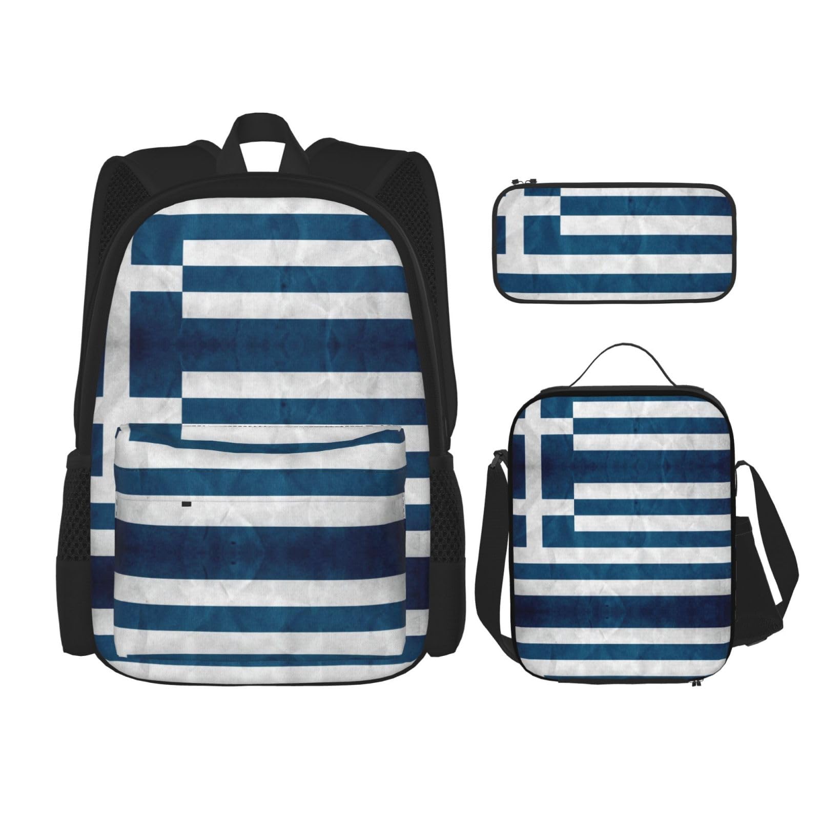 WURTON 3-in-1 Büchertaschen-Set, verstellbarer Schulterrucksack, Lunch-Tasche, Federmäppchen, Tasche mit griechischer Flagge, Schwarz, Einheitsgröße