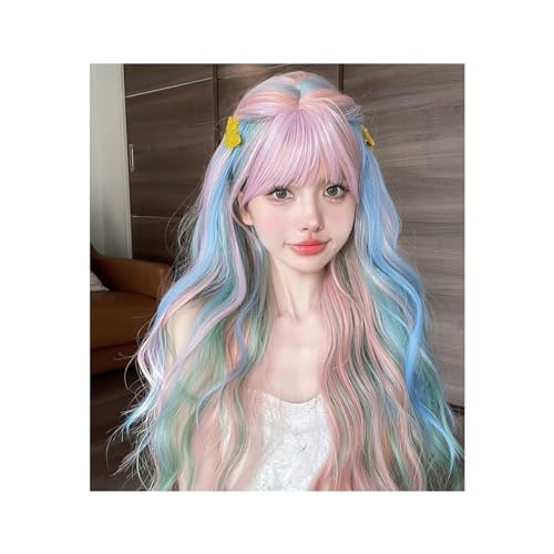 Perücken für Frauen Natürliche gewellte Haarperücke for Frauen, Cosplay, hitzebeständig, 28 Zoll, schillernde Regenbogenfarbe, mehrfarbige synthetische Perücken mit langem Pony für die Tägliche Party