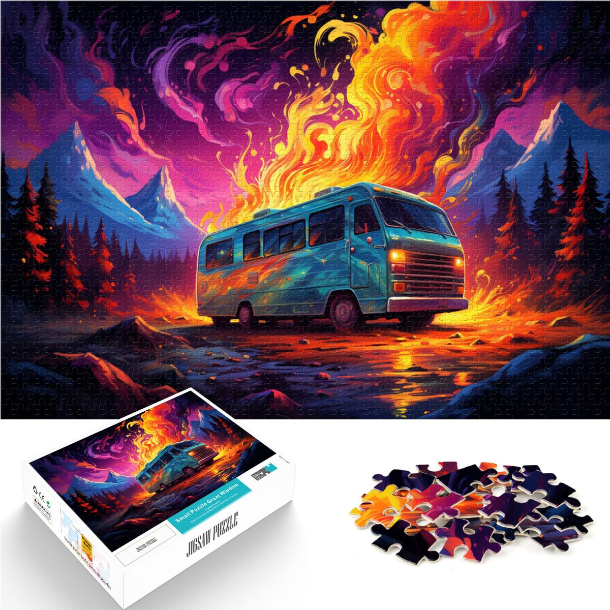 Puzzle für Bus unter farbenfroher Nachtansicht, Puzzle für Erwachsene, 1000 Teile, Holzpuzzle, einzigartige Heimdekoration und Geschenke, 1000 Teile (50 x 75 cm)