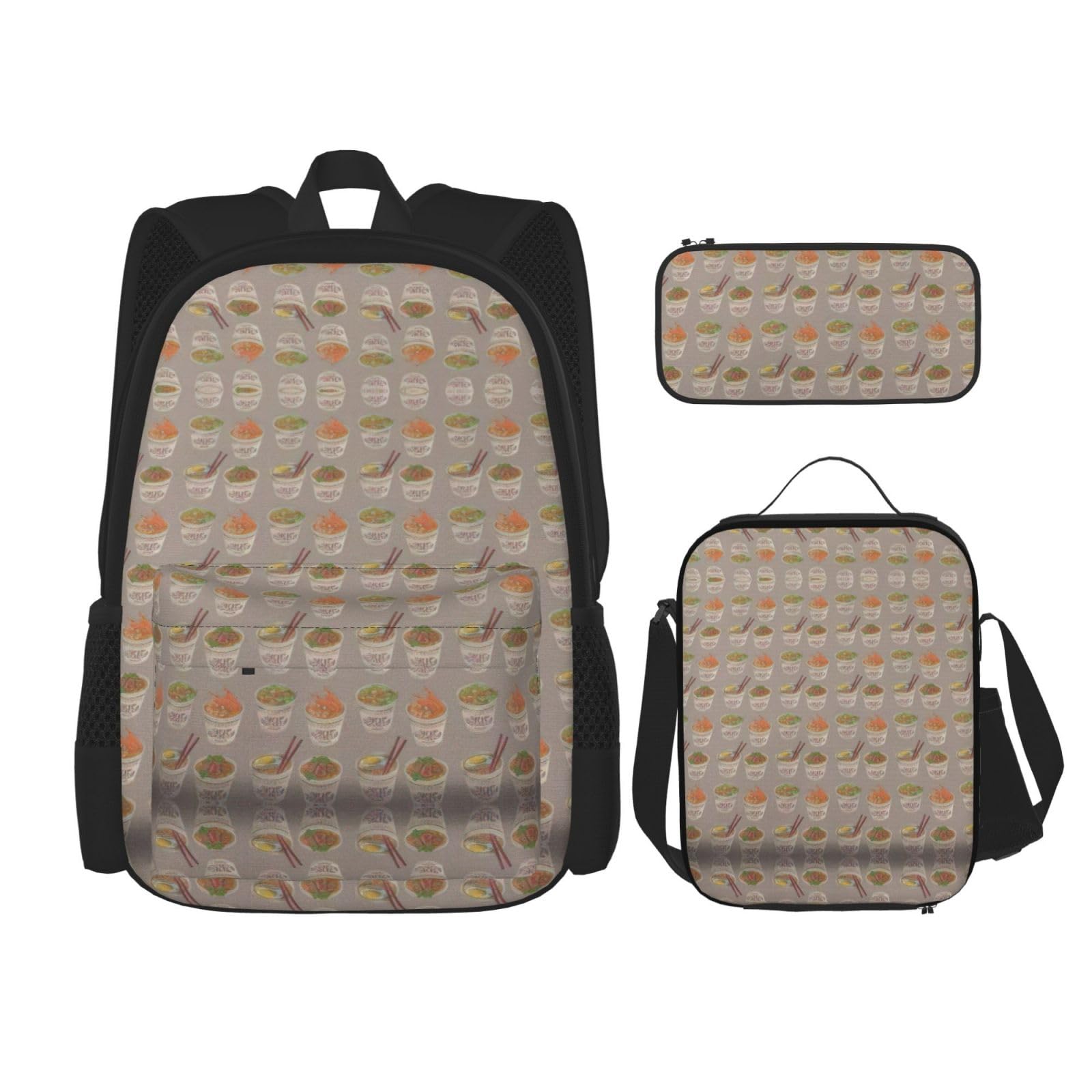 WURTON Eierbecher, Nudeln, Ramen-Druck, verstellbare Schultergurte, Rucksack-Set, Lunchtasche, Federmäppchen, Kombinationstaschen-Set, Schwarz, Einheitsgröße