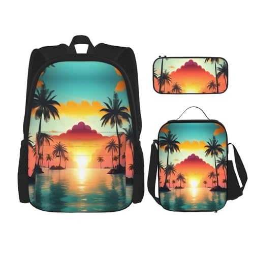 WURTON Sunrise Tropical Palm Tree Island Print Lunchbox Federmäppchen Rucksack Set 3 Stück Verstellbare Träger Langlebig Leicht, Schwarz, One Size