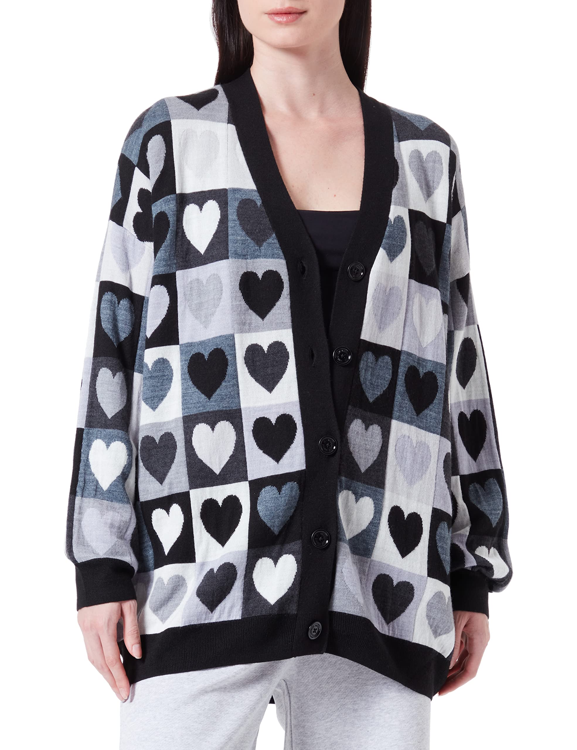 Love Moschino Damen Long-sleeved Maxi cardigan, Grey Hearts, 46 EU