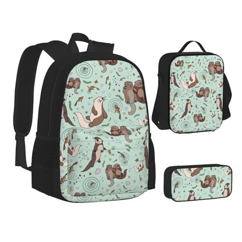 WURTON Schulrucksack-Set mit Camouflage-Muster in Gelb und Grün, für Teenager, Lunch-Tasche, Federmäppchen, 3-in-1, Schulrucksack-Set, Kinderrucksack, Otter, Einheitsgröße