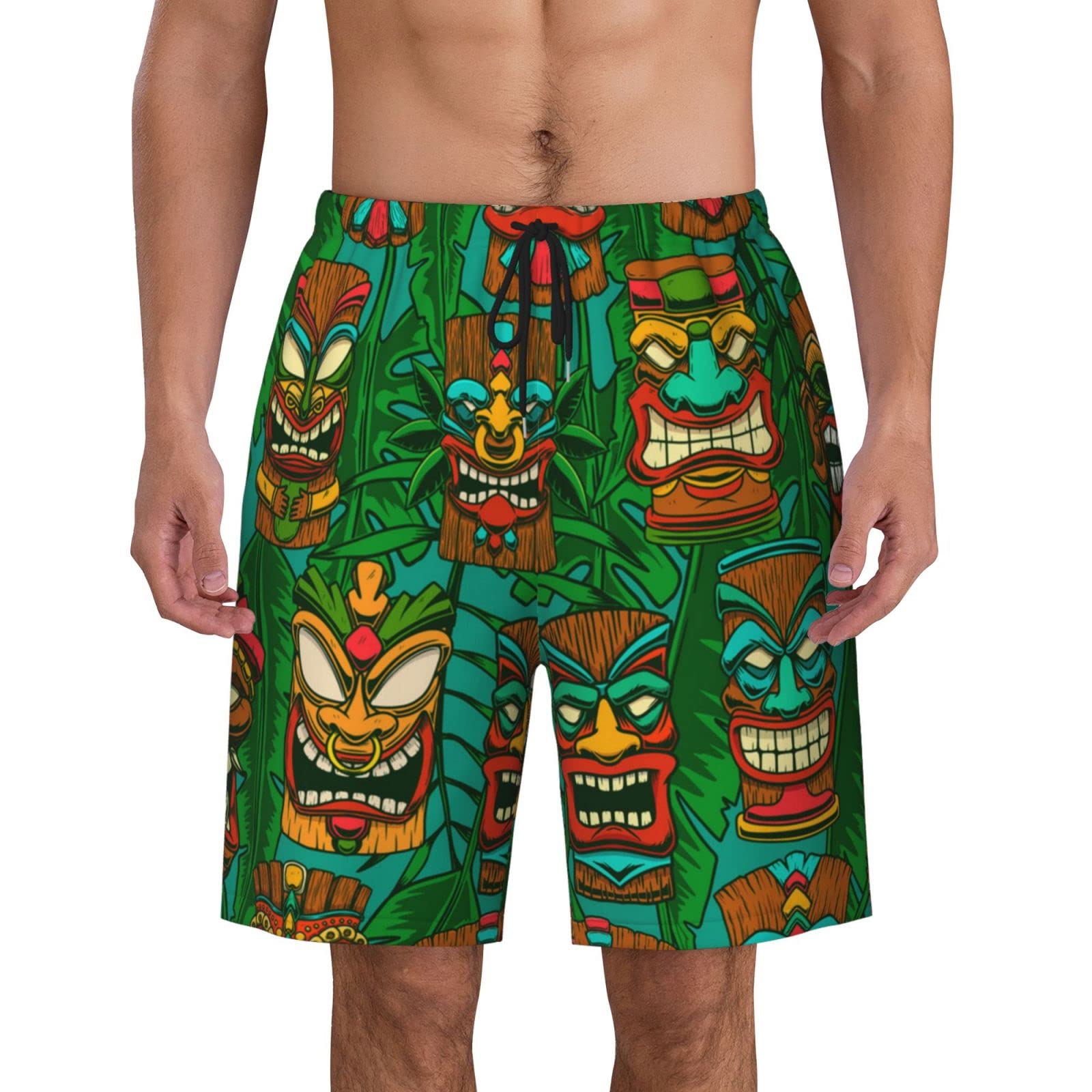 ZORIN Herren Badehose Badeshorts Tiki Idols und Palm Leaves 3D Board Shorts Schnell Trocknen Strandhose, Schwarz , XL