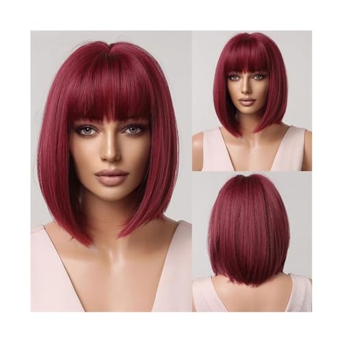 Perücken für Frauen Mittellange synthetische Bob-Perücke, glattes braunes Haar, Perücke mit Pony, for Mädchen und Damen, täglicher Gebrauch, Naturfaser, hitzebeständig für den täglichen Gebrauch(LC204