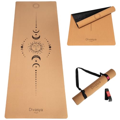 DIVASYA Premium Yogamatte Kork rutschfest: aus Naturkautschuk rutschfest & Kork, natürlich & nachhaltig, extra-breit & extra-dick (183x66x0,4cm), Yoga Matte Kork rutschfest (Kork Sun/Moon)