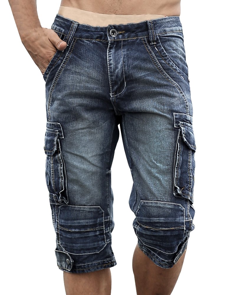 Idopy Herren Cargo-Denim Biker Jeans-Shorts mit Reißverschluss, Blau, 38W