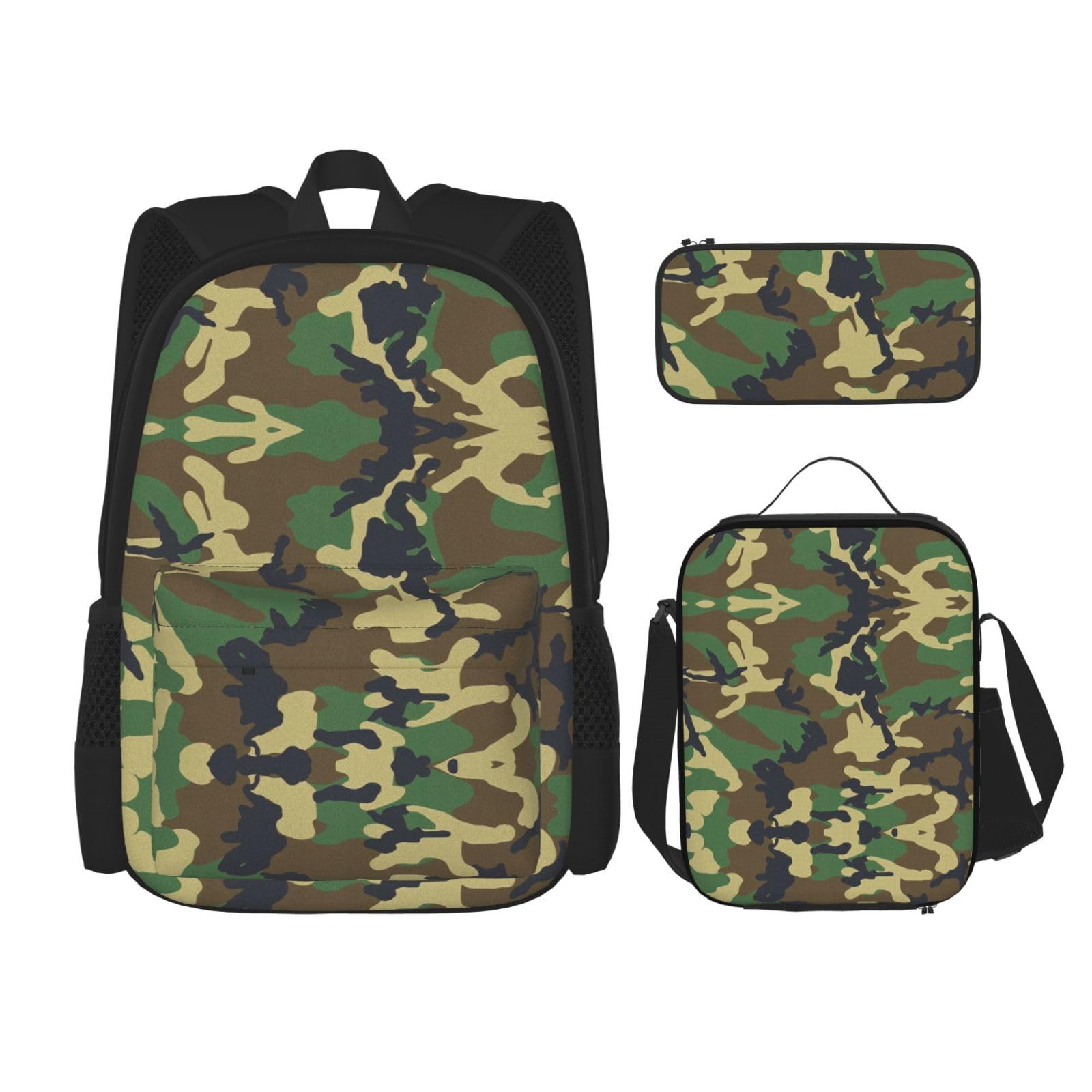 WURTON Grünes Militär-Camouflage-Druck, 3-in-1-Sets, lässig, verstellbarer Schulter-Rucksack, Lunch-Tasche, Federmäppchen, Beutel, Schwarz, Einheitsgröße