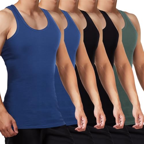 FALARY Unterhemd Herren Tank Top 5er Pack gekämmte Feinripp Baumwolle, 2 Schwarz 2 Marine 1 Olive, L