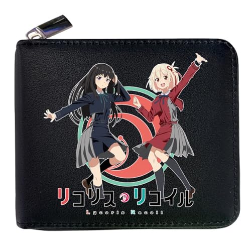 Lycor-is Reco-il Portmonee Anime, Reißverschluss Portmonee Leder, Organizer Geldbörsen Geschenk für Kinder & Teenager(Color:Black 4)