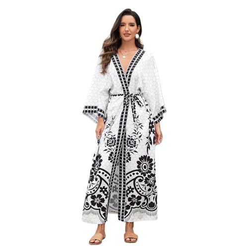 Fhkpsqkcn Lange Kimono-Strickjacke für Damen, vorne offen, mit Taillenband, Strandvertuschung, Blumendruck