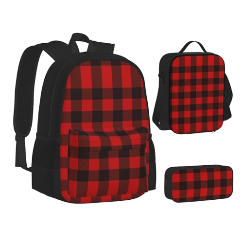 WURTON Schulrucksack-Set für Teenager, kariert, rot und schwarz, 3-in-1, Schulrucksäcke, Kinderrucksack-Set