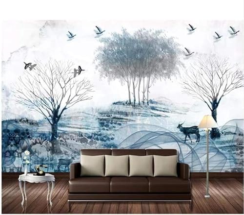 Abstrakte Tuschemalerei Baum Elch Vögel 3D Tapete Poster Restaurant Schlafzimmer Wohnzimmer Sofa TV Dekorative Wand-150cm×105cm