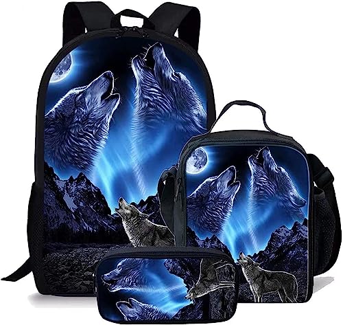 Wolf Schulranzen Set für Jungen Mädchen,3er Pack Schulrucksack Lässiger Tagesrucksack,Grundstufe Kinder Kinder Isolierte Brotdose,Bleistiftetui (A7,12.6inx5.5inx17in)