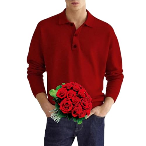 WINDEHAO Herren-Poloshirt, lässig, lockeres Revers, langärmelig, 1/4-Knopf-Kragen, lässiges Golf-Shirt, leicht, bequem, Pullover, Sweatshirt (Rot, S)