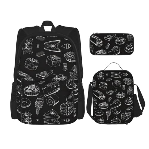 WURTON Gebäck auf Kreidetafel-Druck Rucksack Mädchen Jungen Schultaschen Teenager Lunchbox und Federmäppchen 3 in 1 Büchertaschen Set