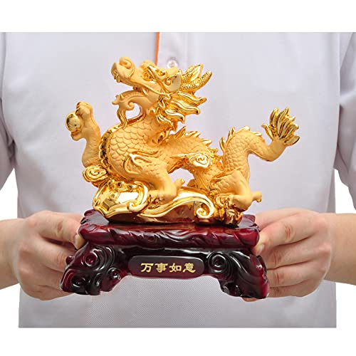 Uziqueif Feng Shui Geld Glück Glücklicher Vermögen Reichtum Chinesische Drache Statue Münze Home Büro Dekoration Tischtischornamente Gute Glücksgeschenke, Harz,Sand Gold,20 * 10 * 20cm