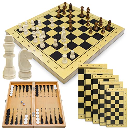 3in1 Holz Schachbrett Brettspiele Sammlung Schach Dame Backgammon Spiel 65tlg Set - Schachfiguren und Klappbrett aus Holz - Schachset für Kinder Anfänger Reise - klappbar tragbar faltbar (40x40cm)