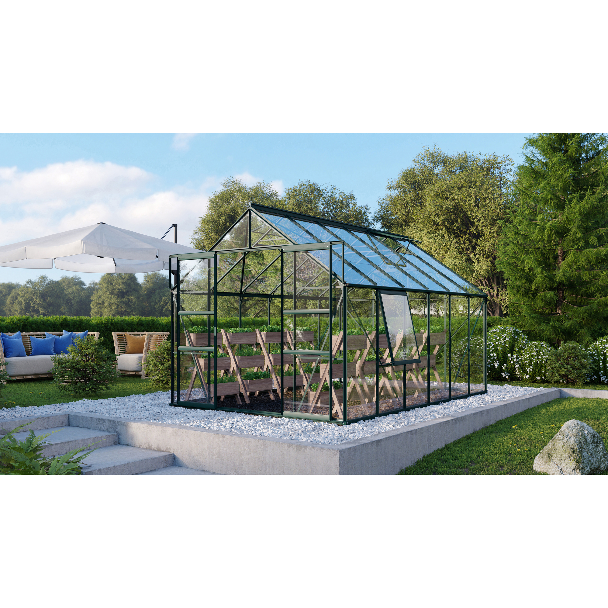 Vitavia Gewächshaus 'Meridian 2 9900' 9,9 m² 254,4 x 378,8 cm 3 mm Sicherheitsglas smaragdfarben