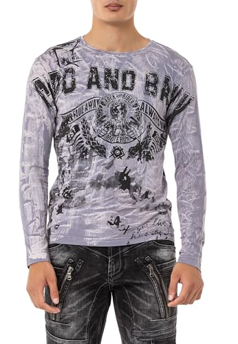 Cipo & Baxx Herren Langarmshirt Rundhalsausschnitt Print Longsleeve Pullover Sweatshirt CL549 Grau XXL