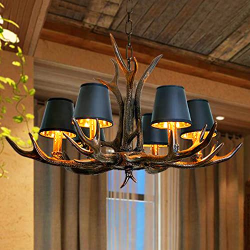 Geweih Kronleuchter Vintage E14 Pendelleuchte Harz 6 Lichter Schwarz Hut Hängelampe Retro Stil Höhenverstellbar Hängeleuchte Esszimmer Wohnzimmer Pendellampe Loft Korridor Deko Beleuchtung