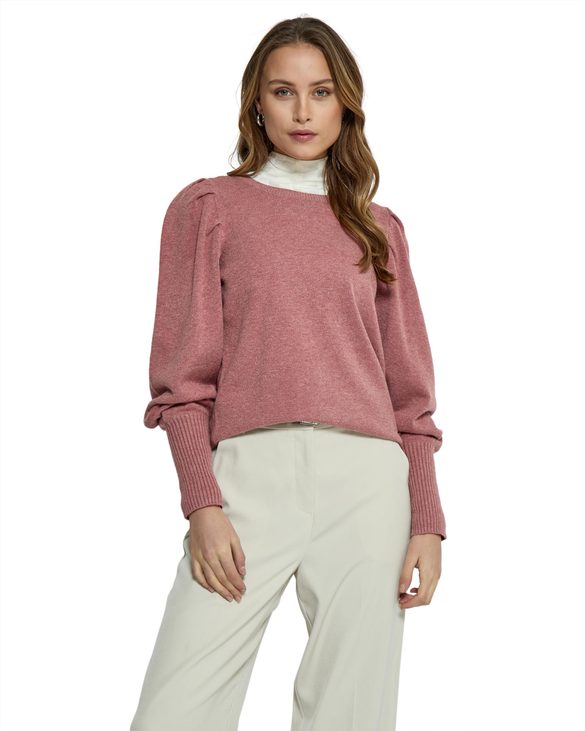 Peppercorn Anissa Strickpullover Damen | Weicher Pullover Damen Elegant | Hochwertiger Damen Pullover Langarm und Puffärmel | Langer Damenpullover mit Rundhalsausschnitt