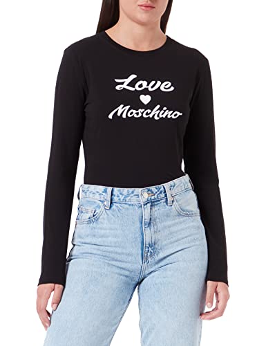 Love Moschino Damen Tight-fitting Long Sleeves With Cursive Brand Print T Shirt, Schwarz, 38 EU