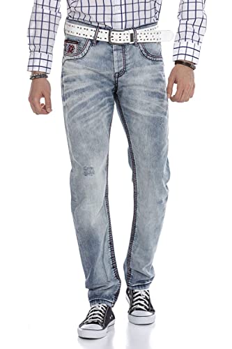 Cipo & Baxx Herren Ausgefallene Jeans Hose Straight Leg Denim Casual CD616 Hellblau W31 L34