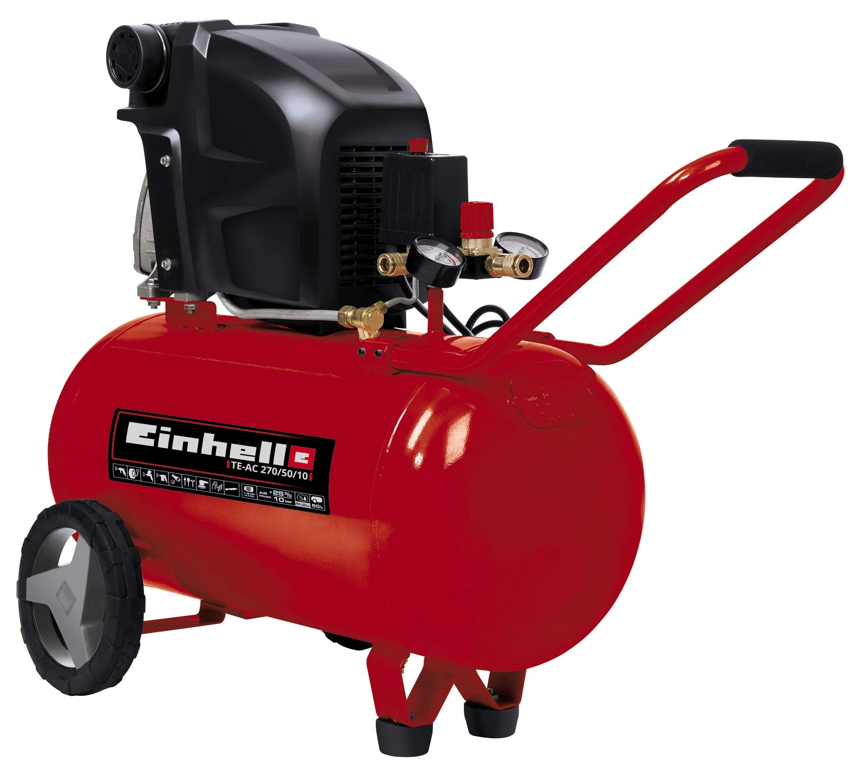 Einhell Kompressor TE-AC 270/50/10 (1800 W., max. 10 bar, 50 l-Tank, 270 l/min Ansaugleistung, Motordrehzahl 2850 min^-1, Druckminderer, Manometer, Ölschmierung)