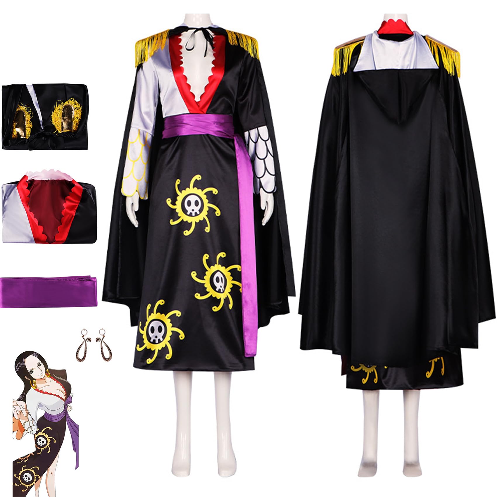 RUIZE Anime Einteiliges Boa Hancock-Cosplay-Kostüm mit Ohrringen, schwarzer Uniform-Bademantel, Umhang, komplettes Set, für Damen und Mädchen, Halloween, Schwarz, Größe S