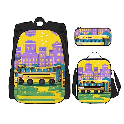 WURTON Schulbus-Druck, Reise-Lunchbox, Federmäppchen, Rucksack-Set, 3-teilig, verstellbare Riemen, leicht