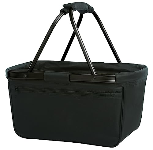 Schwarzer Faltbarer Veganer Einkaufskorb Einkaufsbeutel mit Aluminiumrahmen Reißverschluss-Vortasche PVC frei REACH und FOOD-GRADE zertifiziert 45 x 25 x 25 cm (Schwarz)