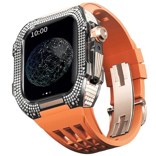 KANUZ Uhren-Modifikationsset, Luxus-Uhrenarmband-Set für Apple Watch 8 Ultra, 45 mm, luxuriöses Viton-Armband, Titangehäuse für iWatch 7, 8, 45 mm, Upgrade-Modifikation (Farbe: Orange 7, Größe: 45 mm)