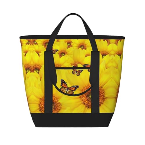 Einkaufstasche mit gelben Blumen und Schmetterlingen, großes Fassungsvermögen, isolierte Lunchtasche, wiederverwendbare Einkaufstasche mit Reißverschluss für Damen und Herren