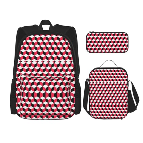 WURTON Schulrucksack-Set mit 3D-Motiv, Rot, kariert, 3-in-1, mit Lunchbox, Federmäppchen, Reise, Laptop, Tagesrucksack