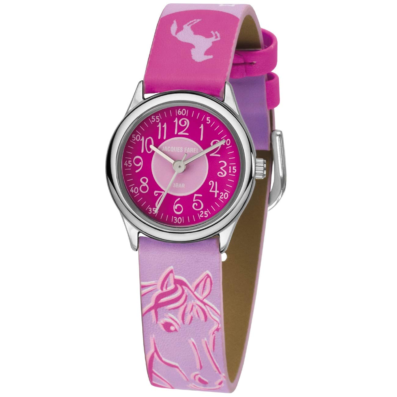 JACQUES FAREL Kinder-Armbanduhr Pferd Sterne rosa-pink Analog Quarz Metall Kunstleder HCC 312