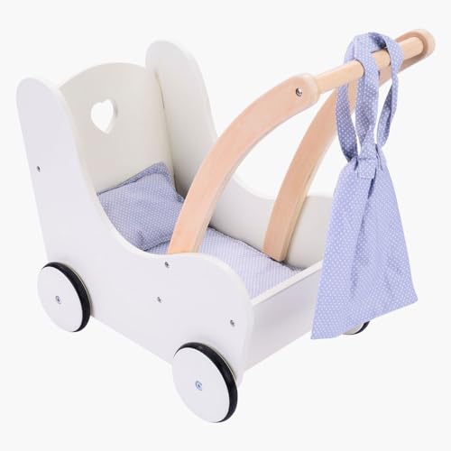 Engelhart – 606014 – Eleganter Puppenwagen aus Holz – Grau und Weiß – Maße: 50 x 28 x 46 cm – Ab 3 Jahre