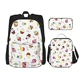 WURTON Delicious Cupcakes Print Trendy Rucksack Taschen Lunchbox und Federmäppchen 3-in-1 verstellbarer Rucksack Set, Schwarz , Einheitsgröße