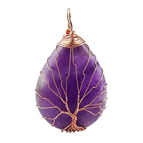 Natürlicher Kristall Quarz Stein Amethysten Reiki Baum des Lebens Hexagon Herz Chakra Stein Anhänger Draht umwickelter Schmuck,Amethyst 7