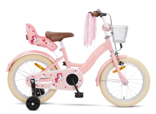 SJOEF Dolly Kinderfahrrad 16 Zoll | Kinder Fahrrad für Mädchen/Jugend | Ab 2-6 Jahren | 12-16 Zoll | inklusive Stützräder (Rosa)