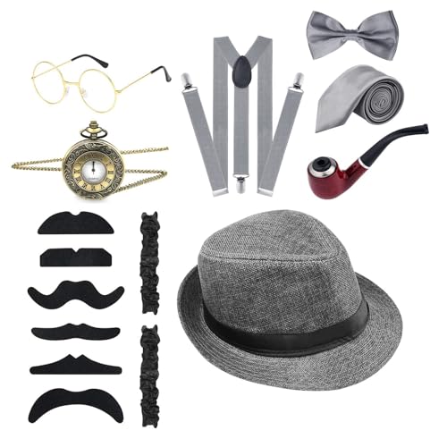 MEELYHOME Modisches Gangster-Kostüm, 1920er-Jahre-Rollenspiel-Kostüm, Outfit mit Taschenuhr, Schnurrbärte, Fliege, Abschlussball, Partyzubehör, Hochzeitszubehör